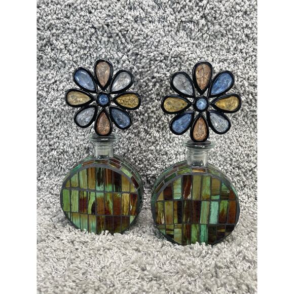 Decorative Glass Bottle With a Mosaic Design Flower Shaped Stopper Set Of 2 - Picture 8 of 9